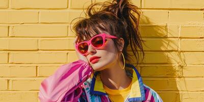 close up portrait of girl wearing colorful windbreaker jacket, photo