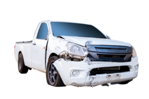 Car crash, Front and Side view of white pickup car get hard damaged by accident on the road. damaged cars after collision. isolated on transparent background, File png