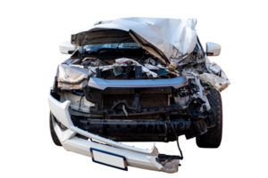 Car crash, Front view of white pickup car get hard damaged by accident on the road. damaged cars after collision. isolated on transparent background. File png