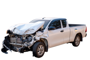 Car crash, Front and Side view of white pickup car get hard damaged by accident on the road. damaged cars after collision. isolated on transparent background. File png