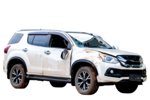 Full body front and side view of white car get damaged by accident on the road. damaged cars after collision. Isolated on transparent background, car crash broken, File png