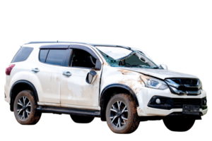 Full body front and side view of white car get damaged by accident on the road. damaged cars after collision. Isolated on transparent background, car crash broken, File png