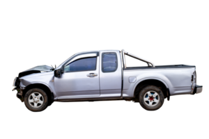 Side view of black pickup truck car get damaged by accident on the road. damaged cars after collision. isolated on transparent background, Car and casualty insurance, File png