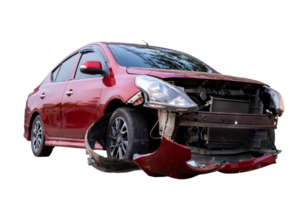 Car crash, Full body front and side view of red car get damaged by accident on the road. damaged cars after collision. Isolated on transparent background, car crash broken, File png