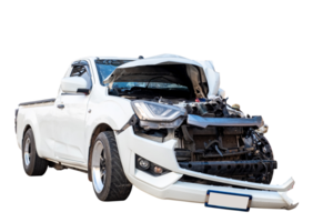 Car crash, Front and Side view of white pickup car get hard damaged by accident on the road. damaged cars after collision. isolated on transparent background, File png