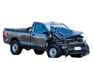 Full body fo Front and Side view black pickup truck car get damaged by accident on the road. damaged cars after collision. isolated on transparent background, Car and casualty insurance, File png