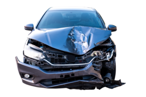 Car crash, Front view of modern black car get damaged by accident on the road. damaged cars after collision. isolated on transparent background, File png
