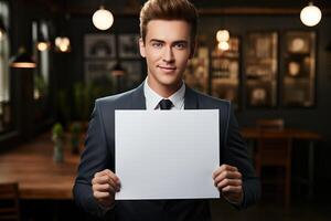 un joven empresario chico sostiene un blanco sábana de papel en su manos en el antecedentes de un cafetería. foto