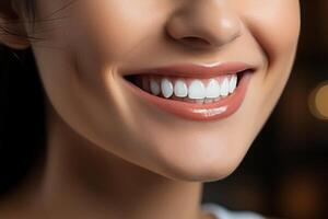 un Perfecto sonrisa con blanco dientes de un joven niña de cerca. foto
