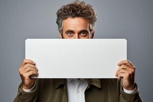 retrato de un hombre participación un blanco horizontal sábana de papel con un sitio para escritura y Bosquejo. foto