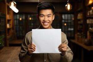 An Asian man is holding a white square sheet of paper with space for advertising and mockup. photo