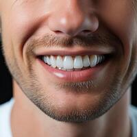 Close-up of snow-white and straight teeth of a young Caucasian man. photo