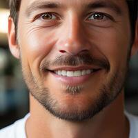 Close-up of snow-white and straight teeth of a young Caucasian man. photo