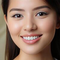 A close-up of the head of a smiling Asian girl with gorgeous white and straight teeth, perfect for advertising for dentists. photo