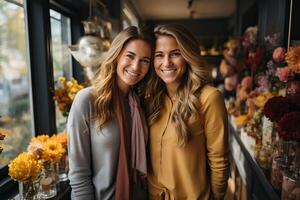 Portrait of two girls in a flower shop. Portrait of mother and daughter on women's day. photo