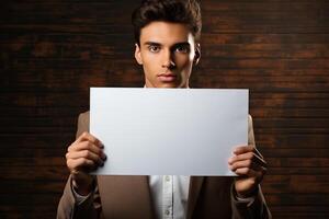 a middle-aged man holds a sheet of white paper mockup in his hands. photo