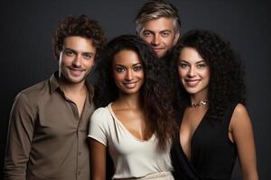 Portrait of four people, two of whom are men of Caucasian appearance and two girls of Caucasian and African appearance. photo