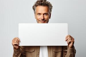 retrato de un hombre participación un blanco horizontal sábana de papel con un sitio para escritura y Bosquejo. foto