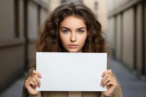 The girl is holding a white horizontal poster with a mockup in her hands. A person with a white banner on the street. photo
