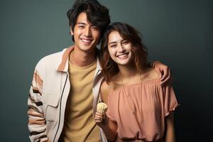 Portrait of boy and girl of Asian appearance, smiling and happy couple boy and girl. photo