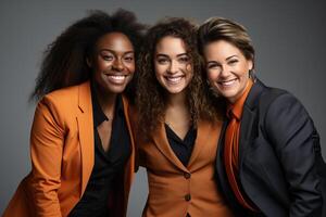 retrato de internacional muchachas en negocio trajes en un gris antecedentes. foto