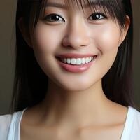 A close-up of the head of a smiling Asian girl with gorgeous white and straight teeth, perfect for advertising for dentists. photo