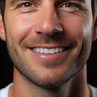 Close-up of snow-white and straight teeth of a young Caucasian man. photo