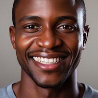 Close-up of the head of an African man with a snow-white smile. photo