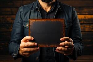 A man holds a black paper with a place for writing in his hands. photo