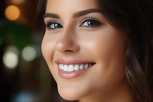 A perfect smile with white teeth of a young girl close-up. photo