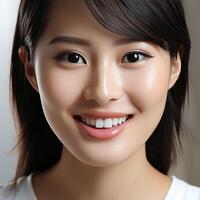 A close-up of the head of a smiling Asian girl with gorgeous white and straight teeth, perfect for advertising for dentists. photo