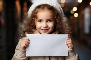 Little girl holding horizontal white blank banner mockup. photo