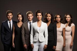 Portrait of business women and men in classic suits in the studio on a black background. photo