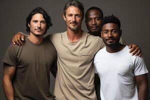 Portrait of four t-shirt men, two of whom are Caucasian and two are African. photo