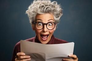 Surprised older and gray-haired granny holding sheets of white letter in her hands. photo