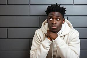 A portrait of a boy of African appearance is conceived near a gray brick wall. photo