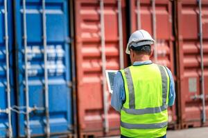 Engineer or foreman holding laptop and wears PPE checking container storage with cargo container background at sunset. Logistics global import or export shipping industrial concept. photo