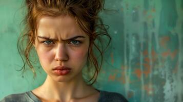 Angry woman in front of the green wall. Portrait of young furious woman, copy space. Anger concept. photo