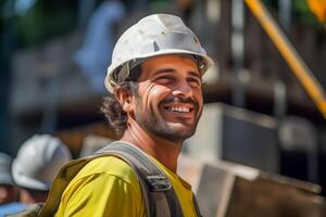 retrato de construcción trabajador a construcción sitio foto