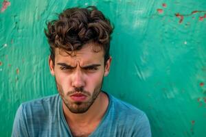 Angry man in front of the green wall. Portrait of young furious man, copy space. photo