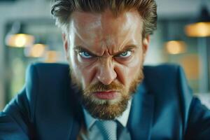 Angry young boss in the office. Furious businessman, closeup. photo