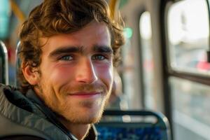 joven sonriente hermoso hombre en el autobús. de cerca retrato de contento hombre. foto