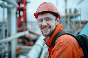 joven ingeniero hombre a el construcción sitio. retrato de contento joven masculino ingeniero. foto