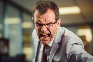 enojado medio Envejecido jefe en el oficina. retrato de furioso empresario. foto