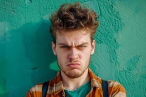 Angry man in front of the green wall. Portrait of young furious man, copy space. photo