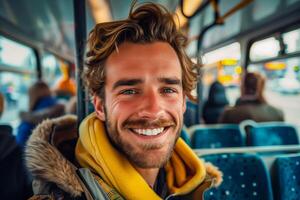 joven sonriente hermoso hombre en el autobús. de cerca retrato de contento hombre. foto