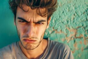 Angry man in front of the green wall. Portrait of young furious man, copy space. photo