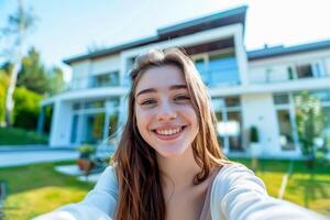 joven contento mujer tomando selfie en frente de el casa. Moviente a nuevo casa. foto