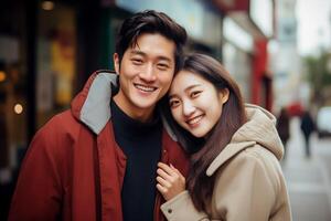 Portrait of young happy asian couple in city photo
