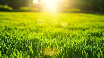 Green grass with sunlight. Beautiful summer background, copy space. Ground level view. photo